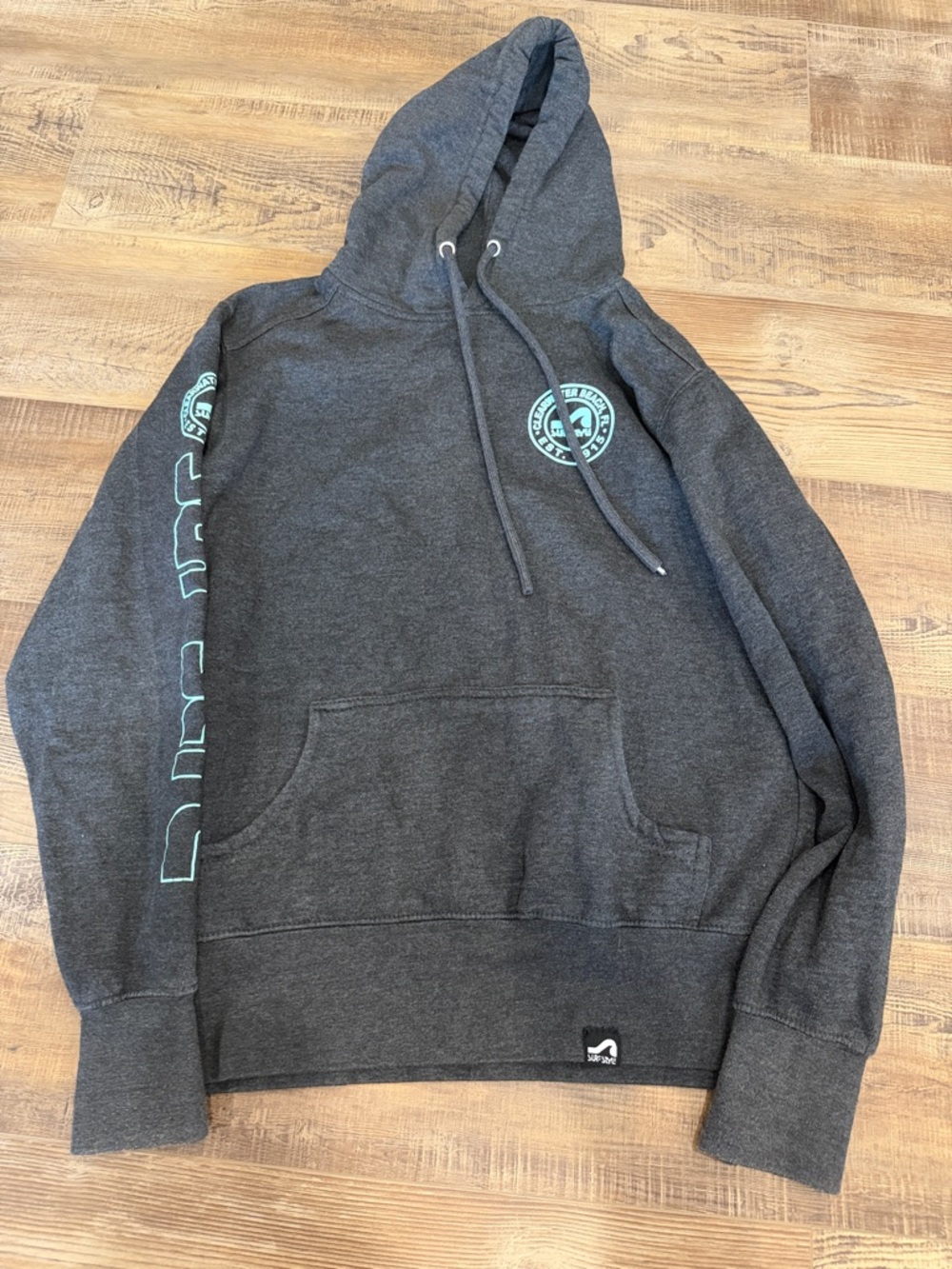 surf style Dark Gray Hoodie with Teal Logo and Sleeve Print size med Clearwater